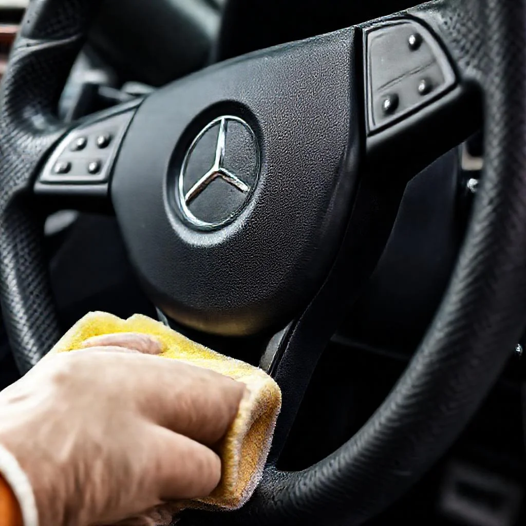 Потеря блеска кожи руля Mercedes W212 после очистки меламиновой губкой Детальное фото: Потеря блеска кожи руля Mercedes W212 после очистки меламиновой губкой
